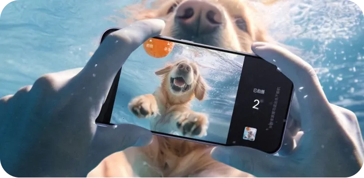 A phone recording a dog in water