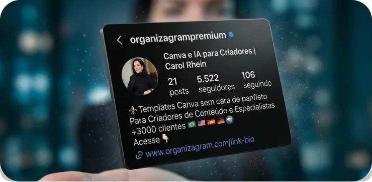 A social platform profile card held in front of city lights